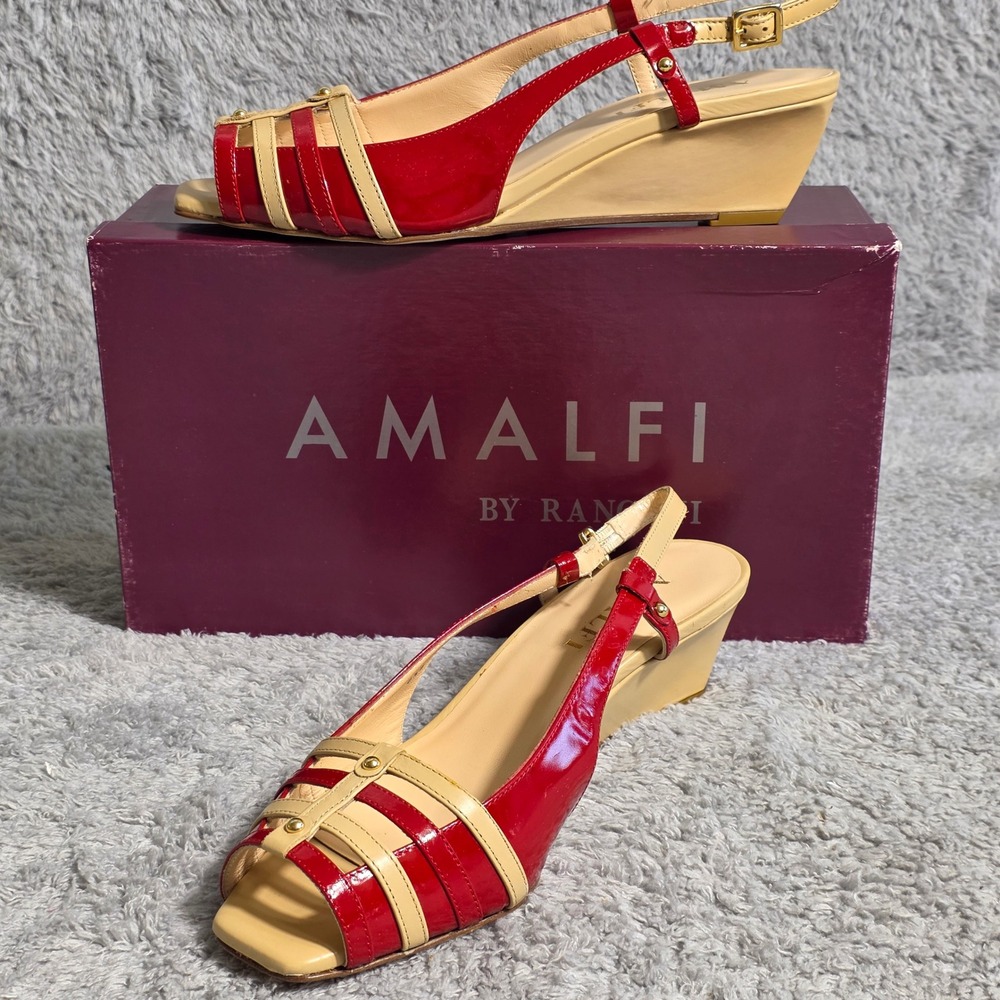 Amalfi by Rangoni Red Tan Italian Leather Slingback Wedge Sandals‎ 8.5 Italy NIB